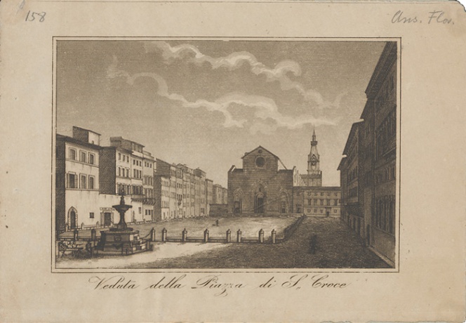 The same piazza in front of Santa Croce years earlier, before the facade of the church was updated starting in 1857.  Emilio Burci, View of the Piazza Santa Croce, mid-19th century, copper engraving, 9.9 x 16.6 cm, Kunsthistorisches Institut in Firenza.