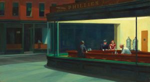 Painting of people sitting at a counter in an urban diner. 